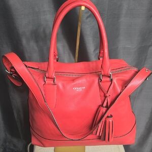 Coach Red Legacy Molly East West Leather Satchel with Tassel Accent